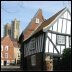 Timber-framed medieval merchants house and cathedral in background, Lincoln
